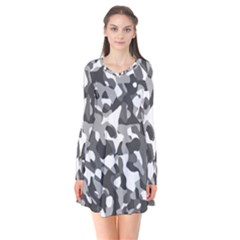 Grey And White Camouflage Pattern Long Sleeve V-neck Flare Dress by SpinnyChairDesigns
