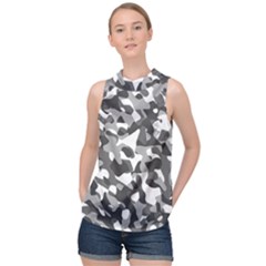 Grey And White Camouflage Pattern High Neck Satin Top by SpinnyChairDesigns