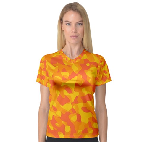 Orange And Yellow Camouflage Pattern V-neck Sport Mesh Tee by SpinnyChairDesigns