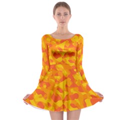 Orange And Yellow Camouflage Pattern Long Sleeve Skater Dress by SpinnyChairDesigns