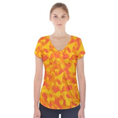 Orange And Yellow Camouflage Pattern Short Sleeve Front Detail Top by SpinnyChairDesigns