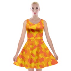Orange And Yellow Camouflage Pattern Velvet Skater Dress by SpinnyChairDesigns