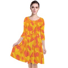 Orange And Yellow Camouflage Pattern Quarter Sleeve Waist Band Dress by SpinnyChairDesigns