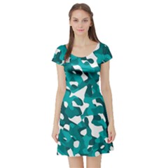 Teal And White Camouflage Pattern Short Sleeve Skater Dress by SpinnyChairDesigns