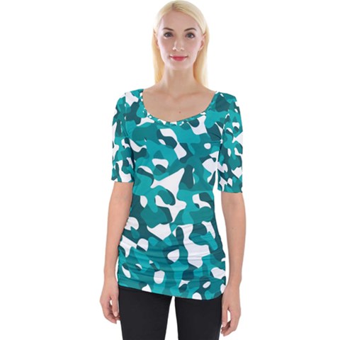Teal And White Camouflage Pattern Wide Neckline Tee by SpinnyChairDesigns