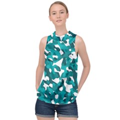 Teal And White Camouflage Pattern High Neck Satin Top by SpinnyChairDesigns