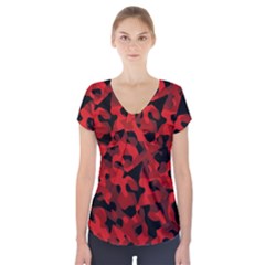 Red And Black Camouflage Pattern Short Sleeve Front Detail Top by SpinnyChairDesigns