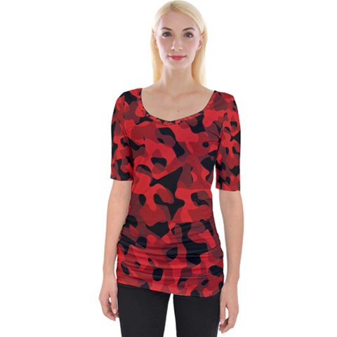 Red And Black Camouflage Pattern Wide Neckline Tee by SpinnyChairDesigns
