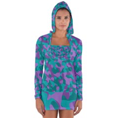 Purple And Teal Camouflage Pattern Long Sleeve Hooded T-shirt by SpinnyChairDesigns