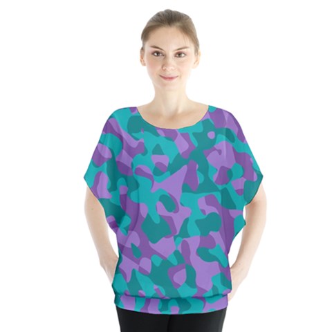 Purple And Teal Camouflage Pattern Batwing Chiffon Blouse by SpinnyChairDesigns