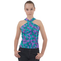 Purple And Teal Camouflage Pattern Cross Neck Velour Top by SpinnyChairDesigns
