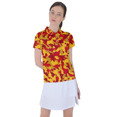 Red And Yellow Camouflage Pattern Women s Polo Tee by SpinnyChairDesigns