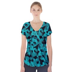 Black And Teal Camouflage Pattern Short Sleeve Front Detail Top by SpinnyChairDesigns