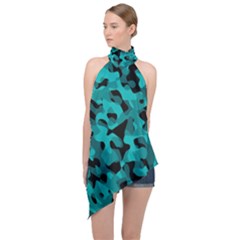 Black And Teal Camouflage Pattern Halter Asymmetric Satin Top by SpinnyChairDesigns