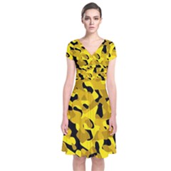 Black And Yellow Camouflage Pattern Short Sleeve Front Wrap Dress by SpinnyChairDesigns
