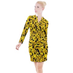 Black And Yellow Camouflage Pattern Button Long Sleeve Dress by SpinnyChairDesigns
