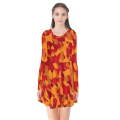 Red And Orange Camouflage Pattern Long Sleeve V-neck Flare Dress by SpinnyChairDesigns