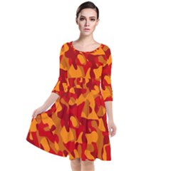 Red And Orange Camouflage Pattern Quarter Sleeve Waist Band Dress by SpinnyChairDesigns