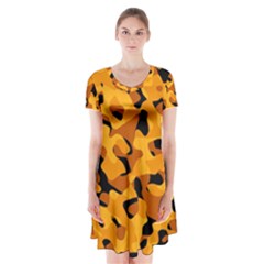 Orange And Black Camouflage Pattern Short Sleeve V-neck Flare Dress by SpinnyChairDesigns