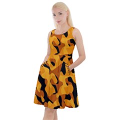 Orange And Black Camouflage Pattern Knee Length Skater Dress With Pockets by SpinnyChairDesigns