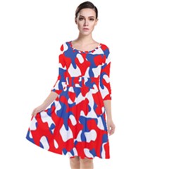 Red White Blue Camouflage Pattern Quarter Sleeve Waist Band Dress by SpinnyChairDesigns