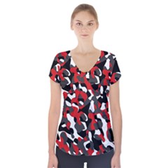 Black Red White Camouflage Pattern Short Sleeve Front Detail Top by SpinnyChairDesigns