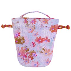 Cosmos Flowers Pink Drawstring Bucket Bag by DinkovaArt