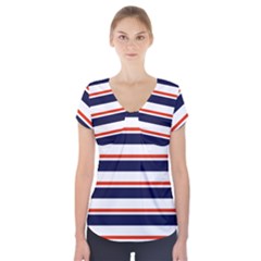 Red With Blue Stripes Short Sleeve Front Detail Top by tmsartbazaar
