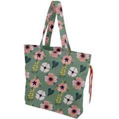 Flower Green Pink Pattern Floral Drawstring Tote Bag by Alisyart
