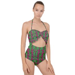 Lianas Of Sakura Branches In Contemplative Freedom Scallop Top Cut Out Swimsuit by pepitasart
