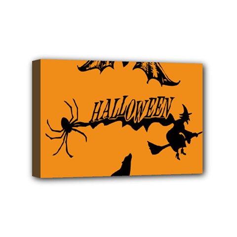 Happy Halloween Scary Funny Spooky Logo Witch On Broom Broomstick Spider Wolf Bat Black 8888 Black A Mini Canvas 6  X 4  (stretched) by HalloweenParty