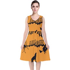 Happy Halloween Scary Funny Spooky Logo Witch On Broom Broomstick Spider Wolf Bat Black 8888 Black A V-neck Midi Sleeveless Dress  by HalloweenParty