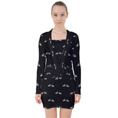 Black And White Boxing Motif Pattern V-neck Bodycon Long Sleeve Dress by dflcprintsclothing