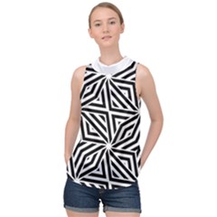 Black And White Abstract Lines, Geometric Pattern High Neck Satin Top by Casemiro