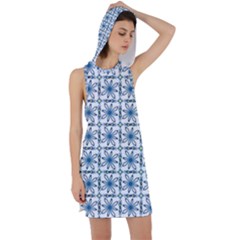 Blue Floral Pattern Racer Back Hoodie Dress by MintanArt