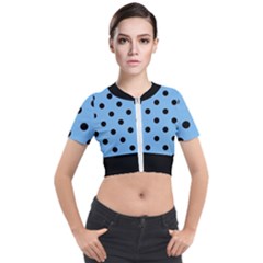 Large Black Polka Dots On Aero Blue - Short Sleeve Cropped Jacket by FashionLane