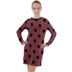 Large Black Polka Dots On Brandy Brown - Long Sleeve Hoodie Dress by FashionLane