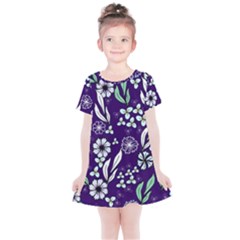 Floral Blue Pattern Kids  Simple Cotton Dress by MintanArt