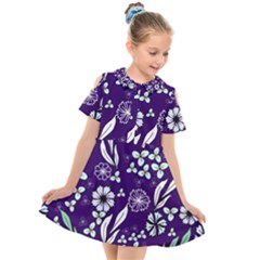 Floral Blue Pattern  Kids  Short Sleeve Shirt Dress by MintanArt