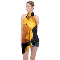 Yellow Poppies Halter Asymmetric Satin Top by Audy