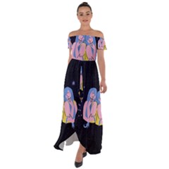 Twin Horoscope Astrology Gemini Off Shoulder Open Front Chiffon Dress by Alisyart