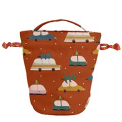 Cute Merry Christmas And Happy New Seamless Pattern With Cars Carrying Christmas Trees Drawstring Bucket Bag by EvgeniiaBychkova
