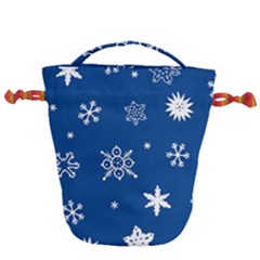 Christmas Seamless Pattern With White Snowflakes On The Blue Background Drawstring Bucket Bag by EvgeniiaBychkova