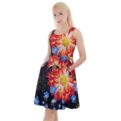 Orange And Blue Chamomiles Design Knee Length Skater Dress With Pockets by ArtsyWishy