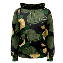 Tropical Vintage Yellow Hibiscus Floral Green Leaves Seamless Pattern Black Background  Women s Pullover Hoodie by Sobalvarro