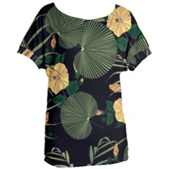 Tropical Vintage Yellow Hibiscus Floral Green Leaves Seamless Pattern Black Background  Women s Oversized Tee by Sobalvarro