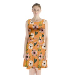 Flower Orange Pattern Floral Sleeveless Waist Tie Chiffon Dress by Dutashop