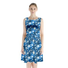 Star Hexagon Deep Blue Light Sleeveless Waist Tie Chiffon Dress by Dutashop