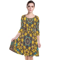 Mandala Faux Artificial Leather Among Spring Flowers Quarter Sleeve Waist Band Dress by pepitasart