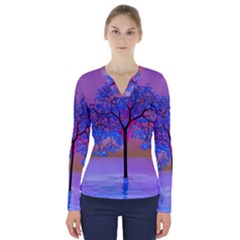 Tree Sunset V-neck Long Sleeve Top by icarusismartdesigns